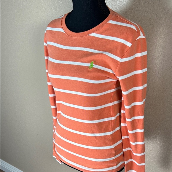 Ralph Lauren Orange and White Striped Long Sleeve Tee with Green Polo Logo - Picture 2 of 5